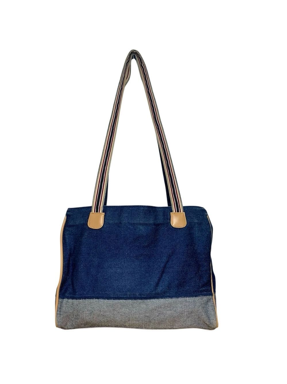Veneto NY Denim Shoulder Bag Stripes Straps Multi Compartments Y2K Slouchy Tote